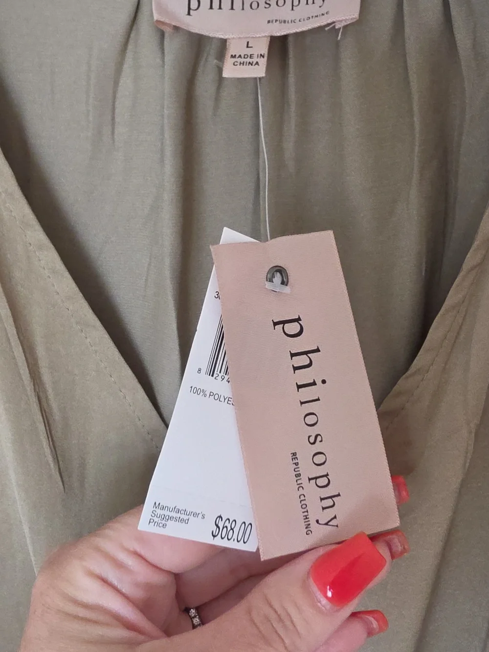 Philosophy Olive Long Sleeve V-Neck Smocked Peplum Top - Picture 2 of 4